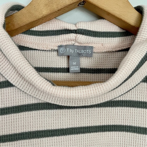 T by Talbots Funnel Neck Striped Top Waffle Blush Pink Olive Green - Picture 3 of 6
